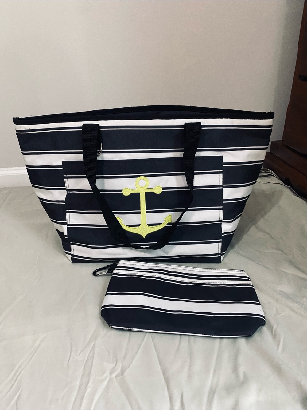 NWOT Insulated Nautical Cooler Tote Bag Set Navy White Striped Anchor Beach Bag